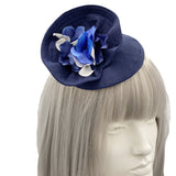 Navy blue linen and hydrangea flower fascinator mini hat races cocktail party