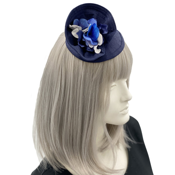 Navy blue linen and hydrangea flower fascinator mini hat 