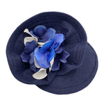Boston Millinery Handmade Navy blue linen and hydrangea flower fascinator mini hat 