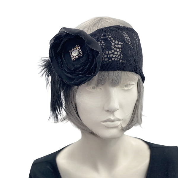 Black Lace Flower Rhinestone and Feather Flapper Headband