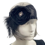 Black Lace Flower Rhinestone and Feather Flapper Fascinator Head Band