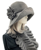 Gray Wide brim winter fleece cloche hat women, handmade Boston Millinery