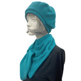 Fleece beret and neck wrap scarf Teal Boston Millinery side view