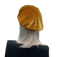 Gold lightweight velvet beret hat for women Rear View
