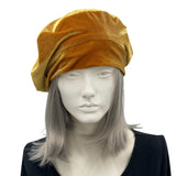 Gold lightweight velvet beret hat for women Front view