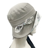 The Betty cloche hat cute and comfy handmade in linen with soft cotton floral accents Boston Millinery  side bow view
