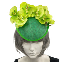 Green orchid sinamay fascinator headband handmade Boston Millinery top view