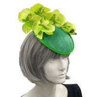 Green orchid sinamay fascinator headband handmade Boston Millinery 