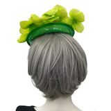Green orchid sinamay fascinator headband handmade Boston Millinery rear view