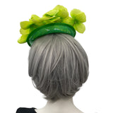 Green orchid sinamay fascinator headband handmade Boston Millinery rear view