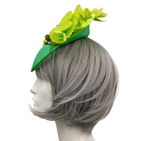 Green orchid sinamay fascinator headband handmade Boston Millinery weddings tea parties