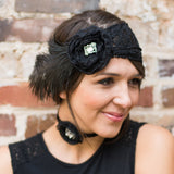 Black lace and feather flapper headband  speakeasy 1920s 