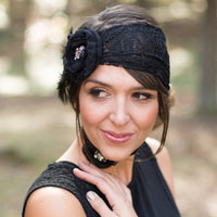 Black lace and feather flapper headband 