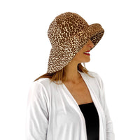 Leopard print derby  Spring and Summer Sun Hat Wide brim Boston Millinery  side view vacation and travel hat 