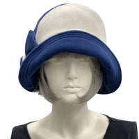 Thoroughly Modern Milline cloche hat handmade in navy blue and winter white fleece 1920s style front view