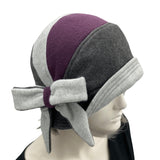 Millie cloche hat in eggplant and two tone gray fleece 1920s Cloche Hat Women handmade by Boston Millinery modeled on a hat mannequin side view 