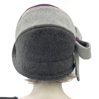 Millie cloche hat in eggplant and two tone gray fleece 1920s Cloche Hat Women handmade by Boston Millinery modeled on a hat mannequin rear view 