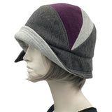 Millie cloche hat in eggplant and two tone gray fleece 1920s Cloche Hat Women handmade by Boston Millinery modeled on a hat mannequin side view 