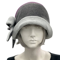 Millie cloche hat in eggplant and two tone gray fleece 1920s Cloche Hat Women handmade by Boston Millinery modeled on a hat mannequin front view 