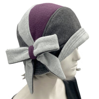 Millie cloche hat in eggplant and two tone gray fleece 1920s Cloche Hat Women handmade by Boston Millinery modeled on a hat mannequin side view 