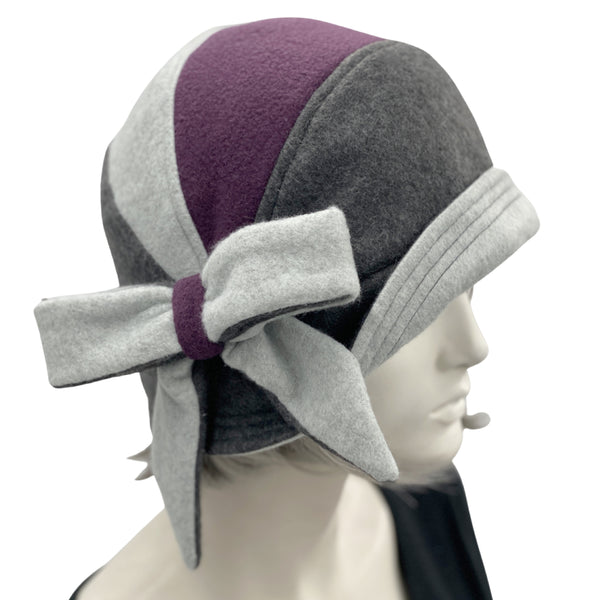 Millie cloche hat in eggplant and two tone gray fleece 1920s Cloche Hat Women handmade by Boston Millinery modeled on a hat mannequin side view 