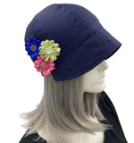 Polly Cloche cap in navy linen with ribbon flowers 