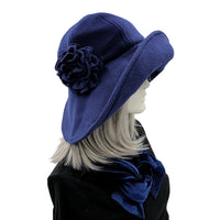 Navy Wide brim winter fleece cloche hat women, handmade Boston Millinery