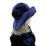 Navy Wide brim winter fleece cloche hat women, handmade Boston Millinery