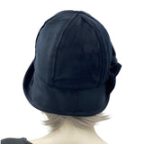 1920s style cloche hat women in black velvet with bow handmade by Boston Millinery rear view