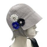 Polly vintage style cloche cap in gray linen blue black white ribbon flowers 