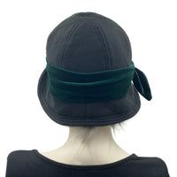 1920s style Polly cloche hat in black fleece with stretch velvet band and bow in contrast color choice  rear view