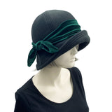 1920s style Polly cloche hat in black fleece with stretch velvet band and bow in contrast color choice 