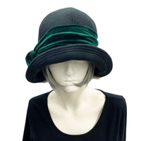 1920s style Polly cloche hat in black fleece with stretch velvet band and bow in contrast color choice  front view