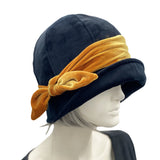 Black Velvet Winter Hat with Gold Band and Bow | The Polly