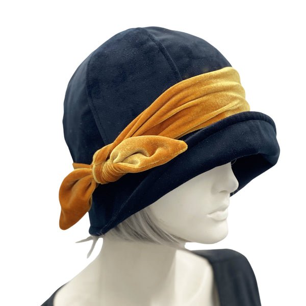 Black Velvet Winter Hat with Gold Band and Bow | The Polly