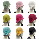 Polly Pleated brim linen cloche hat with small chiffon rose Collage os custom colors