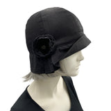 Black Polly Pleated brim linen cloche hat with small chiffon rose
