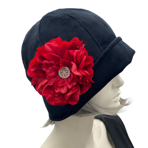 Vintage Style Cloche Hat in Black Velvet with Large Red Peony Flower | The Polly flower view