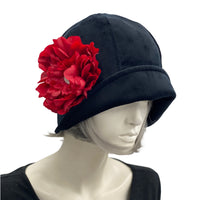 Vintage Style Cloche Hat in Black Velvet with Large Red Peony Flower | The Polly Sid efront view