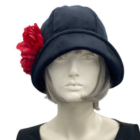 Vintage Style Cloche Hat in Black Velvet with Large Red Peony Flower | The Polly front view
