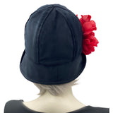 Vintage Style Cloche Hat in Black Velvet with Large Red Peony Flower | The Polly rear view