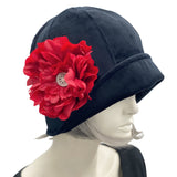 Vintage Style Cloche Hat in Black Velvet with Large Red Peony Flower | The Polly
