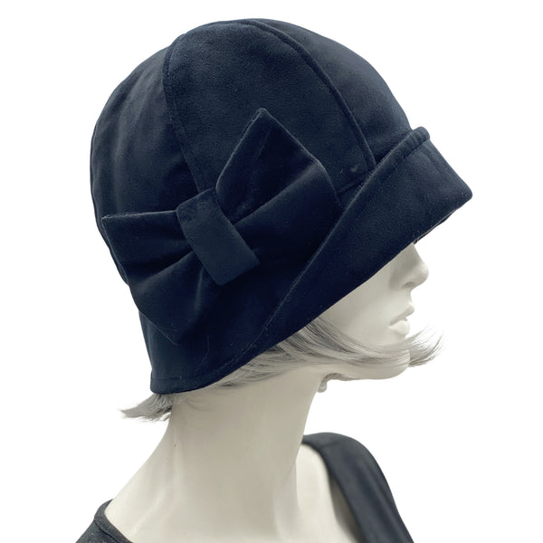 1920s style cloche hat women in black velvet with bow handmade by Boston Millinery bow view