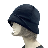 1920s style cloche hat women in black velvet with bow handmade by Boston Millinery side view