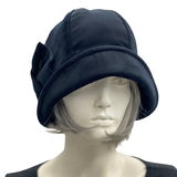 1920s style cloche hat women in black velvet with bow handmade by Boston Millinery front view