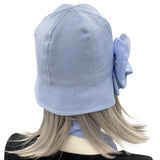 Polly cloche hat in blue linen with periwinkle chiffon rose and scarf  rear view