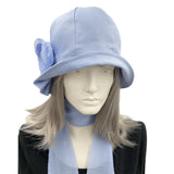 Polly cloche hat in blue linen with periwinkle chiffon rose and scarf 