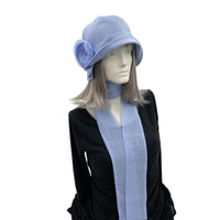 Polly cloche hat in blue linen with periwinkle chiffon rose and scarf  full length picture of scarf