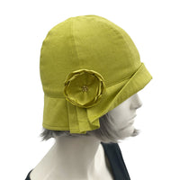 Chartreuse Polly Pleated brim linen cloche hat with small chiffon rose