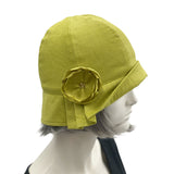 Chartreuse Linen 1920s style cloche hat with pleated brim and satin rose brooch Boston Millinery 